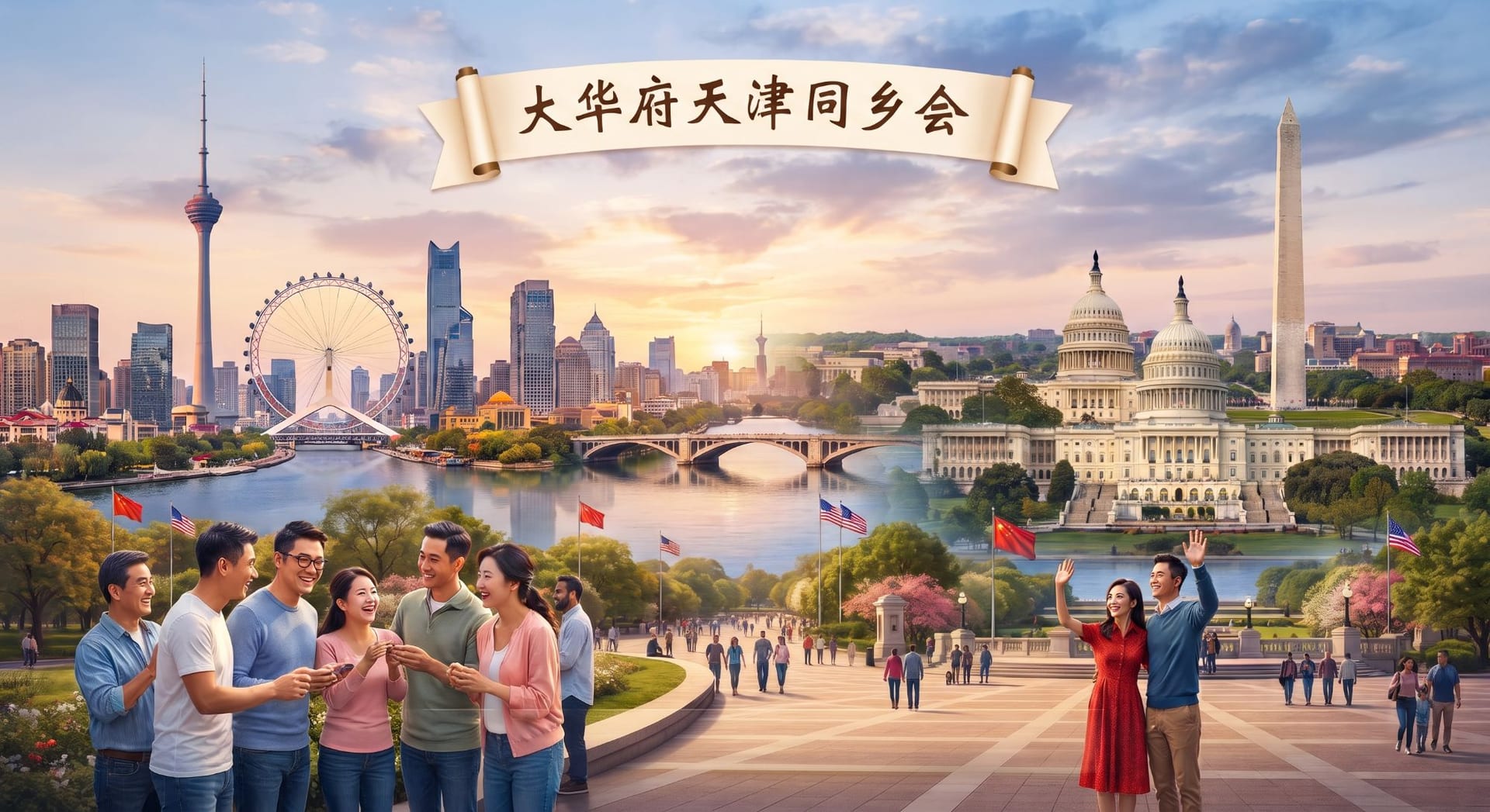 大华府天津同乡会——天津与大华盛顿地区地标插画，象征两地乡情相连